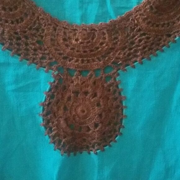 Chadwicks Teal with Brown Crochet Trim 3/4 Sleeve Shirt Size Large Vintage EUC - Picture 3 of 7